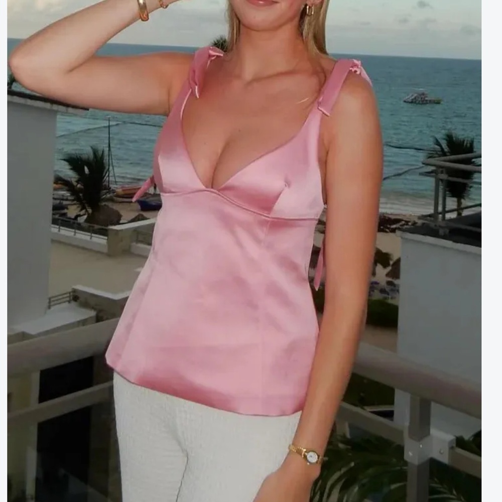 Zara Pink Satin Camisole Tank Top V-Neck Ribbon Shoulder Ties Coquette Women M
